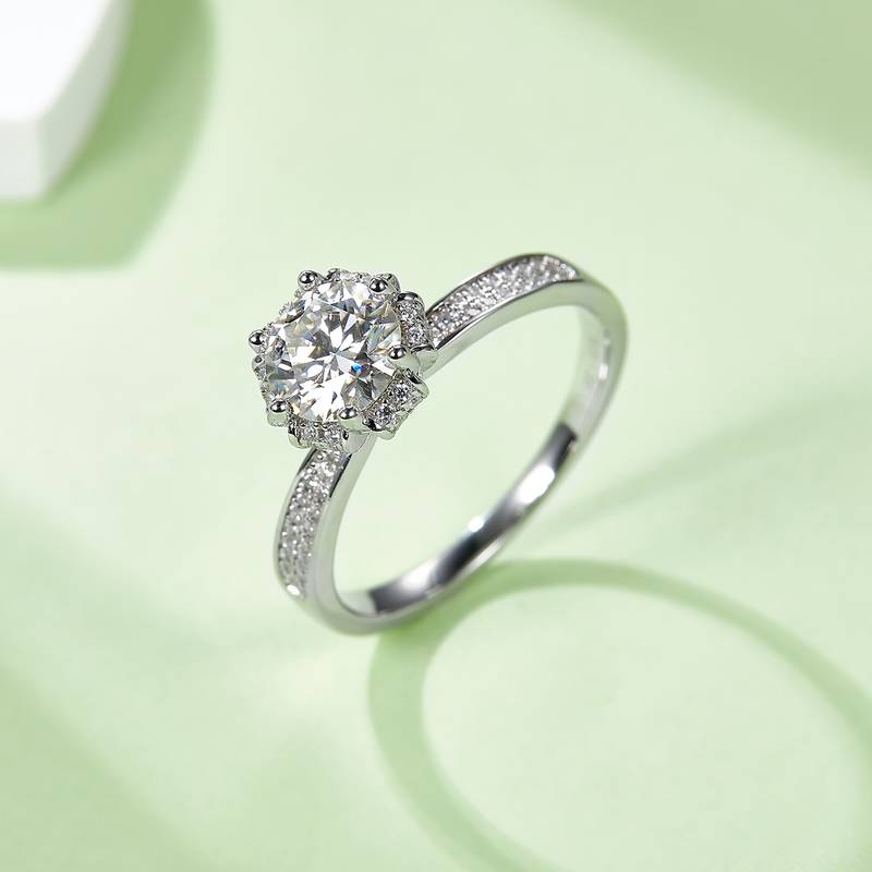 直臂许愿池S925银镀白金MoissaniteWomen's Ring1ctD级